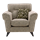 An image of the Harrogate Armchair. A class armchair in a natural beige fabric with a matching cushion.