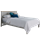 An image of the Montana Wooden Bed Frame in grey with a mattress dressed with white bedding and blue cushions.