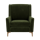 An image of the Tulip Accent Chair in a deep green fabric with brown wooden feet.