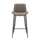 An image of a tall bar stool with black legs, and a grey suede seat.