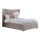 An image of the Highgrove Soho Ottoman Bed Frame in a plush lilac velvet material, dressed with a grey duvet sheet and dusk pink cushions.